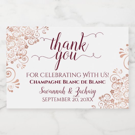 Frilly Roos Gold & Burgundy Weddenschap Hartelijk  Sparkling Wijnetiket (Enkel label)