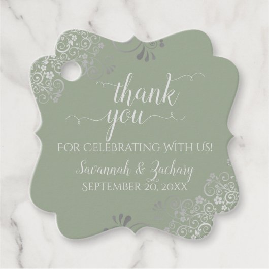 Frilly Sage Green & Silver Grey Weddenschap Dank j Bedankjes Labels (Voorkant)