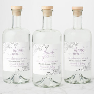 Frilly Silver Lavender & White Weddenschap Bedankt Likeurfles Etiket