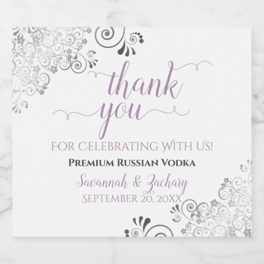 Frilly Silver Lavender & White Weddenschap Bedankt Likeurfles Etiket (Enkel label)