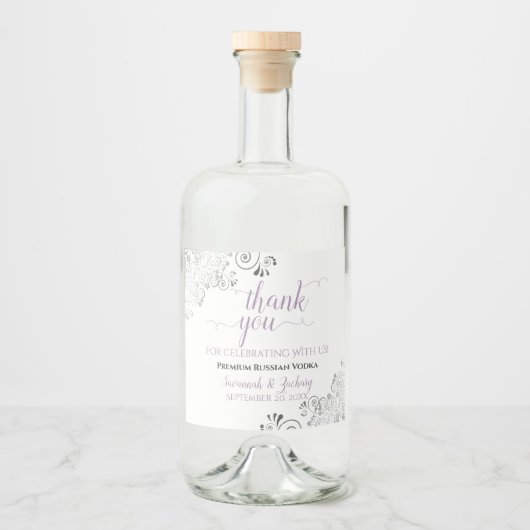 Frilly Silver Lavender & White Weddenschap Bedankt Likeurfles Etiket (Voorkant)