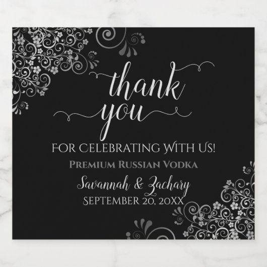 Frilly Silver op Black Weddenschap Bedankt Likeurfles Etiket (Enkel label)
