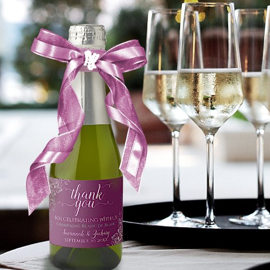 Frilly Silver over het cassis Wedding Dank je Mini Sparkling Wijnetiket