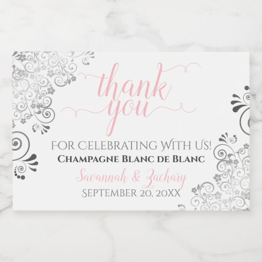 Frilly Silver Pink & White Weddenschap Hartelijk d Sparkling Wijnetiket (Enkel label)