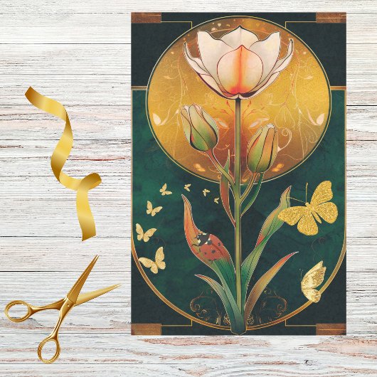 Frilly Tulip w Gold Butterflies in LadyBug op Groe Tissuepapier