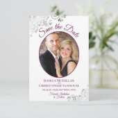 Frilly Zilver & Magenta op Witte Foto Bruiloft Save The Date (Staand voorkant)