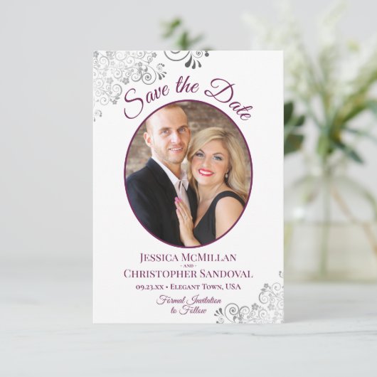 Frilly Zilver & Magenta op Witte Foto Bruiloft Save The Date (Staand voorkant)