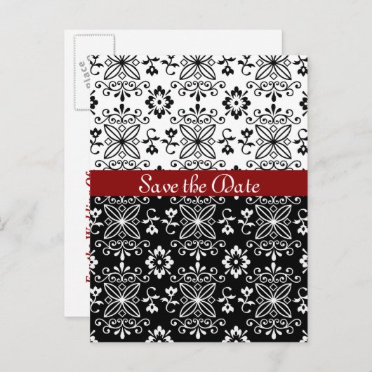 Frilly Zwart, Wit en Rood Save the Date Briefkaart (Voorkant / Achterkant)