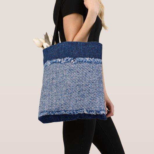 Fringed denim blue jeans lijst. tote bag (Dichtbij)