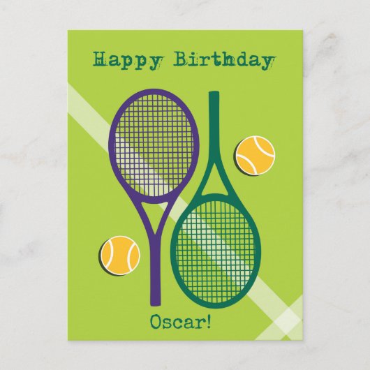 Fris groen en paarse tennisracket Verjaardagspost Briefkaart (Voorkant)