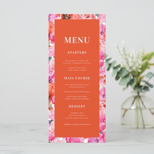 Fris Helder Roze Rood Klaproos Bloemen Bruiloft Menu (Staand voorkant)