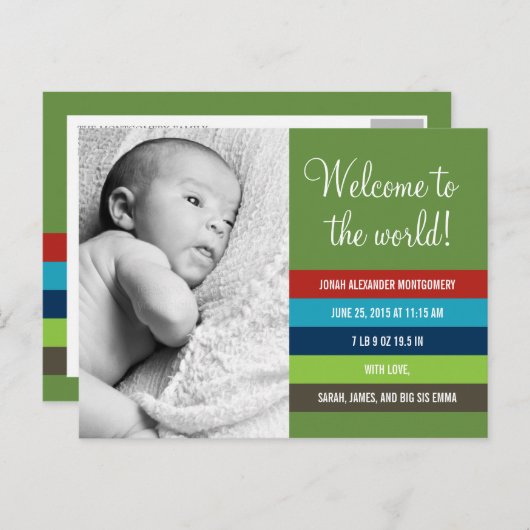 Frisse en kleurrijke geboorteaankondiging - Baby B Aankondigingskaart (Voorkant / Achterkant)