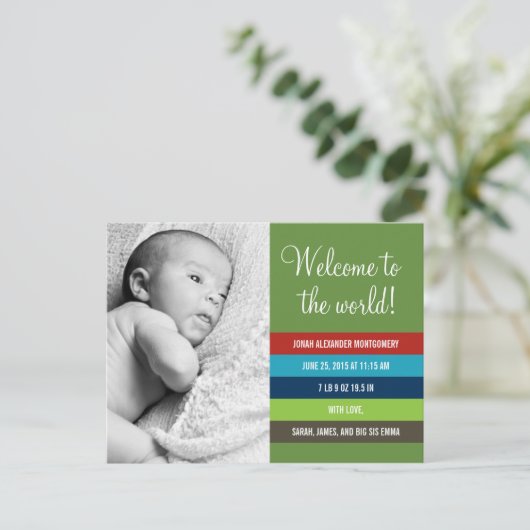 Frisse en kleurrijke geboorteaankondiging - Baby B Aankondigingskaart (Staand voorkant)