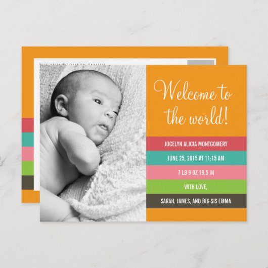 Frisse en kleurrijke geboorteaankondiging - Baby G Aankondigingskaart (Voorkant / Achterkant)