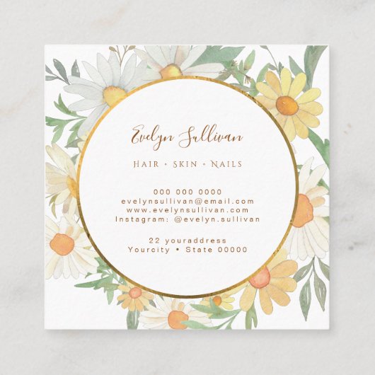 Frisse madeliefjes en gouden cirkel visitekaartje (Achterkant)