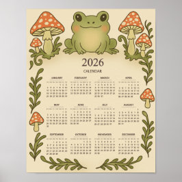 Frog and Red Mushrooms 2026 Cottagecore Calendar Poster