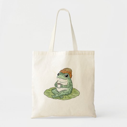 Frog Cottagecore Drinking Coffee Illustration Tote Bag (Voorkant)