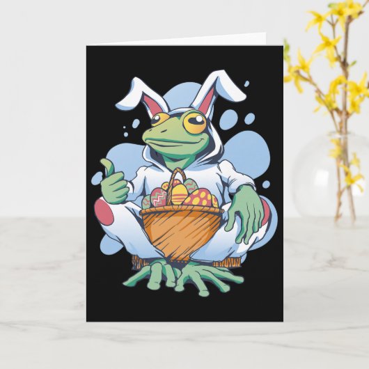 Frog Dressed As Easter Bunny With Eggs Kaart (Gele Bloem)