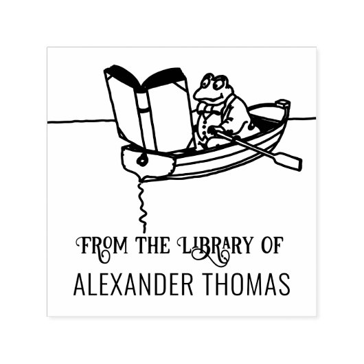 Frog in Row Boat Reading Book Library Name Zelfinktende Stempel (Design)