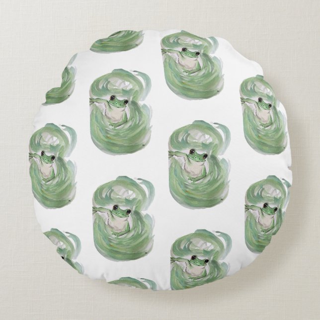 Frog Magic Humor Waterverf Froggy Rond Kussen (Voorkant)