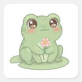 Frog on Lily Pad – Pure Kawaii Joy Vierkante Sticker