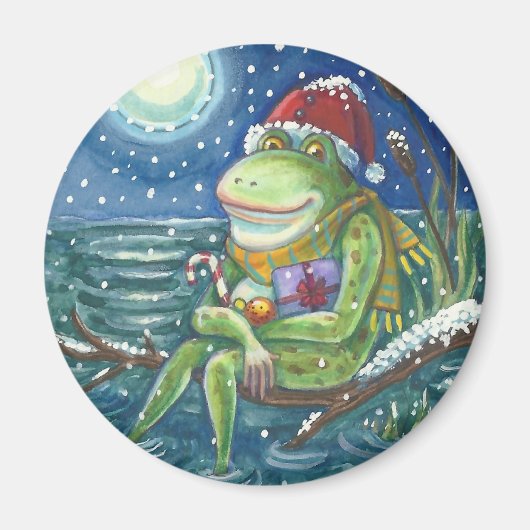 FROG OP EEN LOG, HOLIDAY CHRISTMAS MAGNET Round (Voorkant)