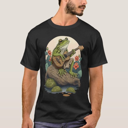 Frog Playing Guitar  Frog Banjo On Log Aesthetic F T-shirt (Voorkant)