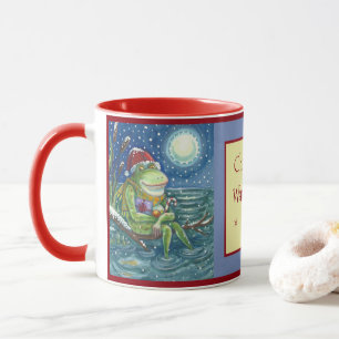 FROG SANTA OP LOG, HOLIDAY DIER CHRISTMAS MOK
