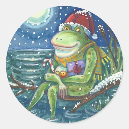 FROG SANTA OP LOG, HOLLIDAY KERST STICKERS Rnd (Voorkant)