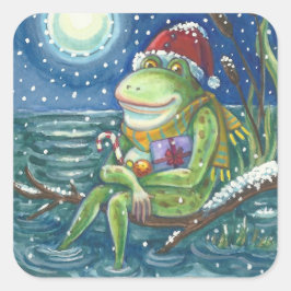 FROG SANTA OP LOG, HOLLIDAY KERST STICKERS Squ