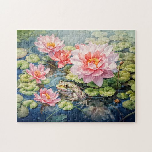 Frog sitting among blooming water lilies legpuzzel (Horizontaal)