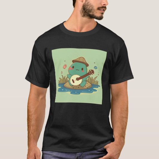 Frog wearing cute hat playing banjo in pond with b t-shirt (Voorkant)