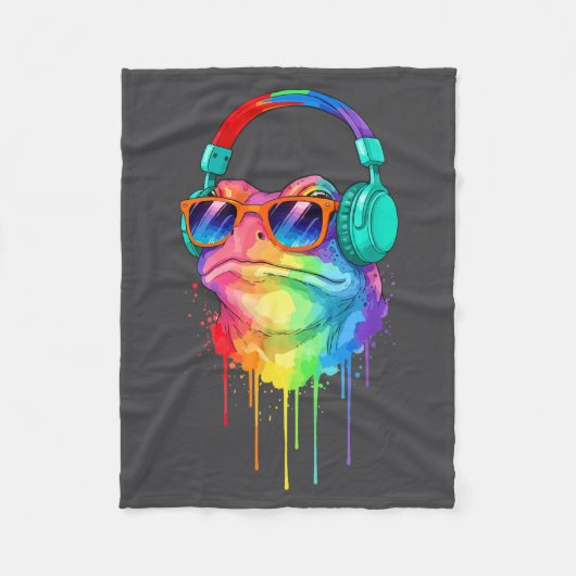 Frog Wearing Headphones And Sungles Edm Rave Desig Fleece Deken (Voorkant)