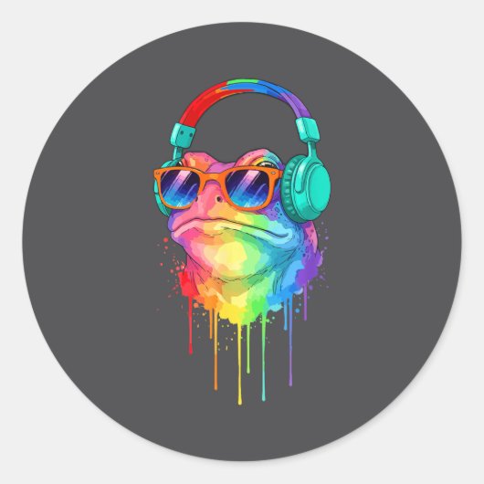 Frog Wearing Headphones And Sungles Edm Rave Desig Ronde Sticker (Voorkant)