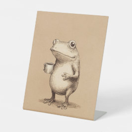 Frog with Coffee – Whimsical Vintage Animal Reclamebord Met Voetstuk