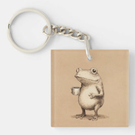Frog with Coffee – Whimsical Vintage Animal Sleutelhanger
