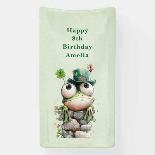 Frog with Green Hat and Shamrock Cute Birthday Spandoek (Verticaal)