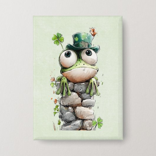 Frog with Green Hat and Shamrock Cute Button (Voorkant)