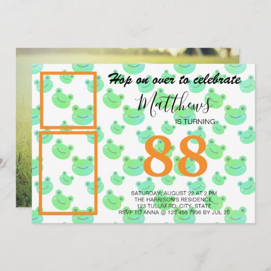 Froggy Birthday party Drie aangepaste foto's sjabl Kaart (Voorkant / Achterkant)