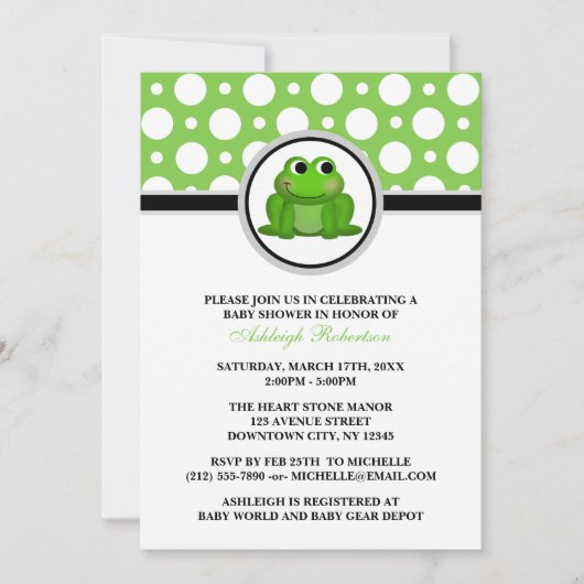 Froggy Green Polka Dot Baby Shower Invitations Kaart (Voorkant)