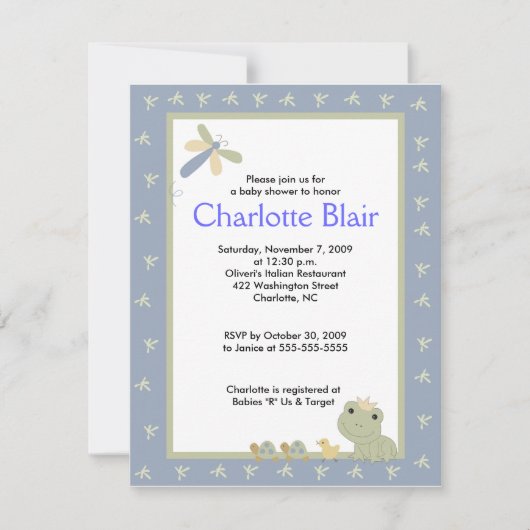 Froggy Tales Blue Border Baby shower Invitation Kaart (Voorkant)