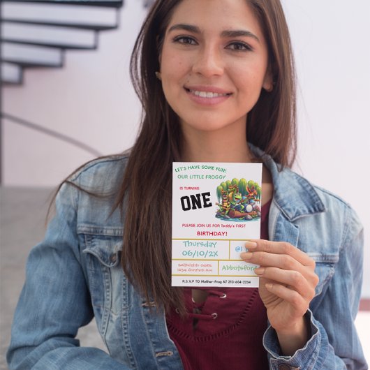 Froggy-thema eerste verjaardag partij kaart