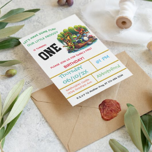 Froggy-thema eerste verjaardag partij kaart