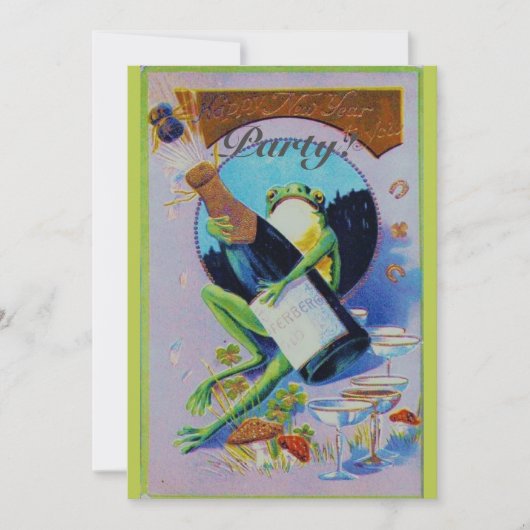 Froggy with Champagne Bottle New Year's Eve Party Kaart (Voorkant)