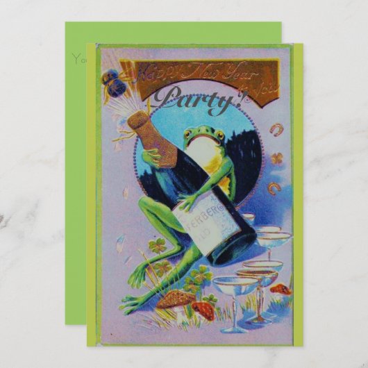 Froggy with Champagne Bottle New Year's Eve Party Kaart (Voorkant / Achterkant)