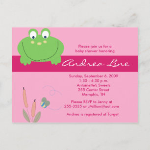 Froggyville Frog Pink Green Girl Invitation Uitnodiging Briefkaart