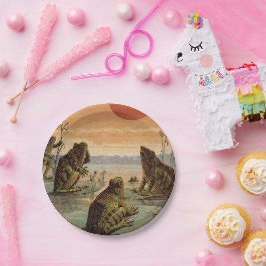 Frogs Lily Pads Moon Illustration Papieren Bordje (Feest)