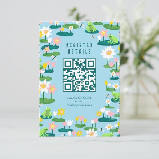 Frogs & Lily Pads Schattige CUSTOM QR CODE BABY SH Informatiekaartje (Staand voorkant)