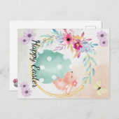 Frohe Ostern- Hase sitzt au einem Ei Aankondigingskaart (Voorkant / Achterkant)