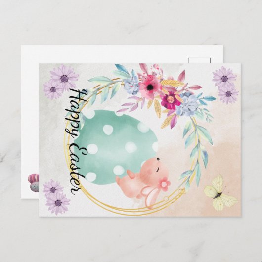 Frohe Ostern- Hase sitzt au einem Ei Aankondigingskaart (Voorkant / Achterkant)